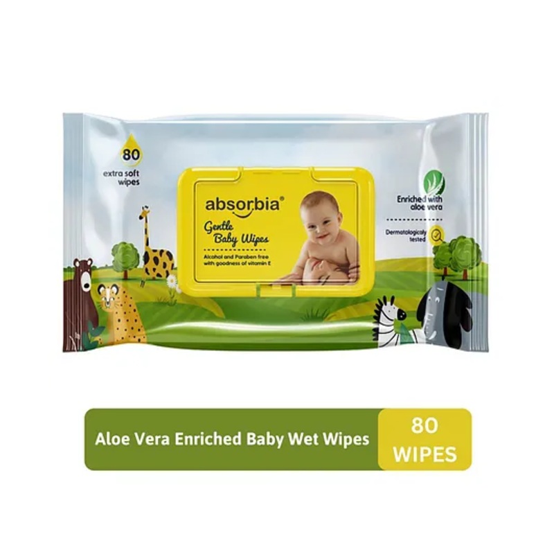 ABSORBIA Baby Wipes – With LID | Aloe Vera Extract | 80 Pieces | Pack of 1