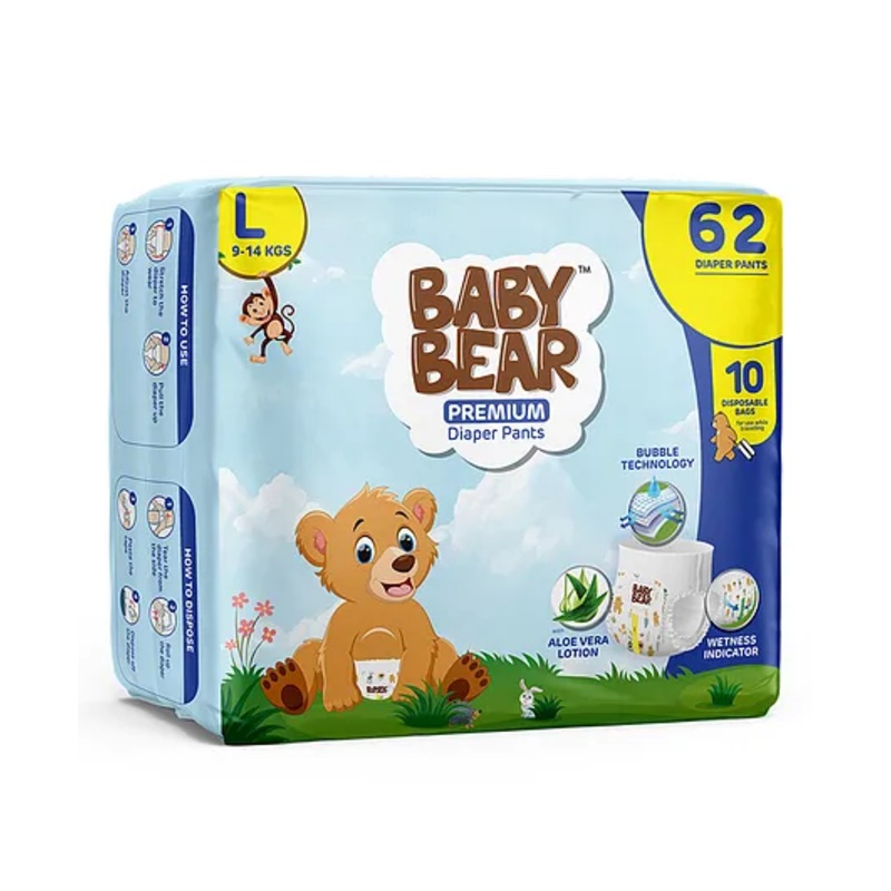 Baby Bear Cottony Soft Breathable Premium Diaper Pants Large – 62 Pieces