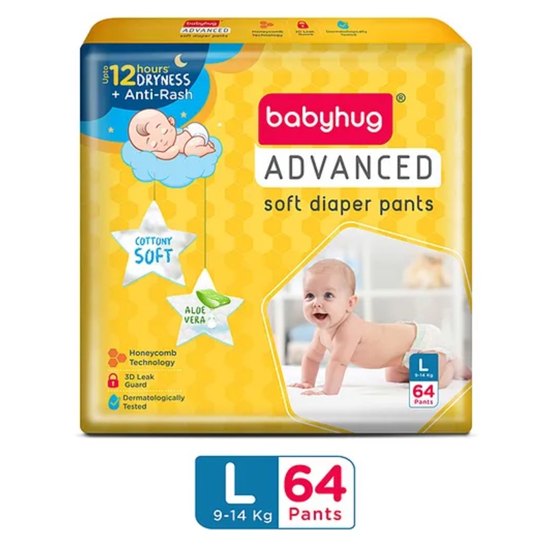 Babyhug Advanced Pant Style Diapers Large (L) Size – 64 Pieces, Honeycomb Technology, Cottony Soft Diaper with 3D Leak Guard, Latex & Alcohol Free, Anti-rash & Gentle