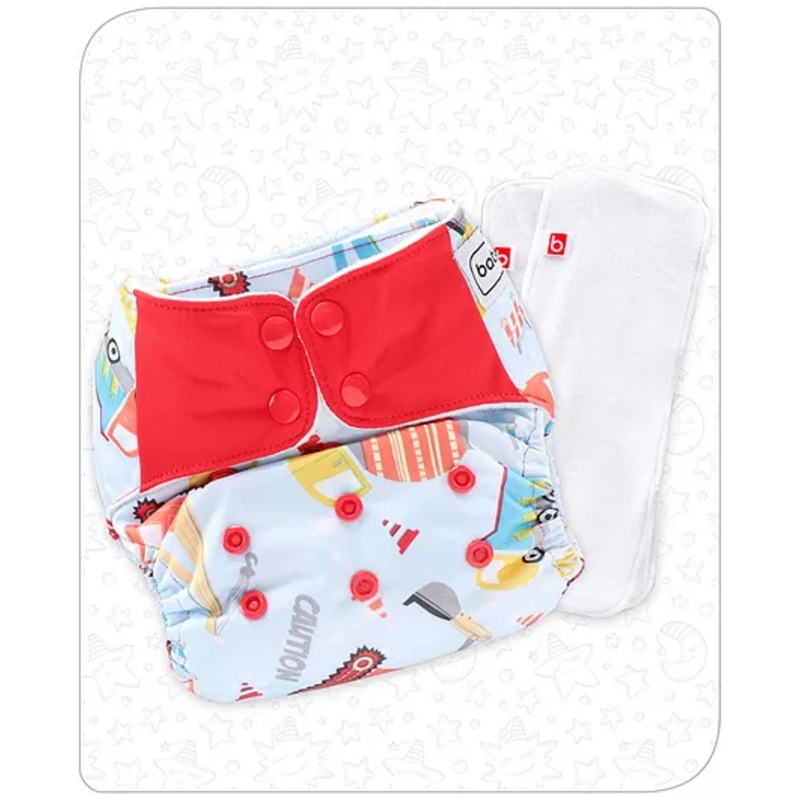 Babyhug Free Size Reusable Contrast Flap Closure Cloth Nappies With 2 SmartDry Inserts Transport print –  Blue