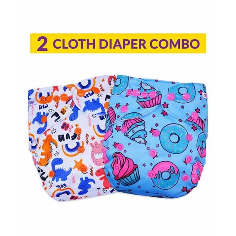 Bembika Reusable Cloth Diaper Dino & Cup Cake Print Set of 2 – White Blue
