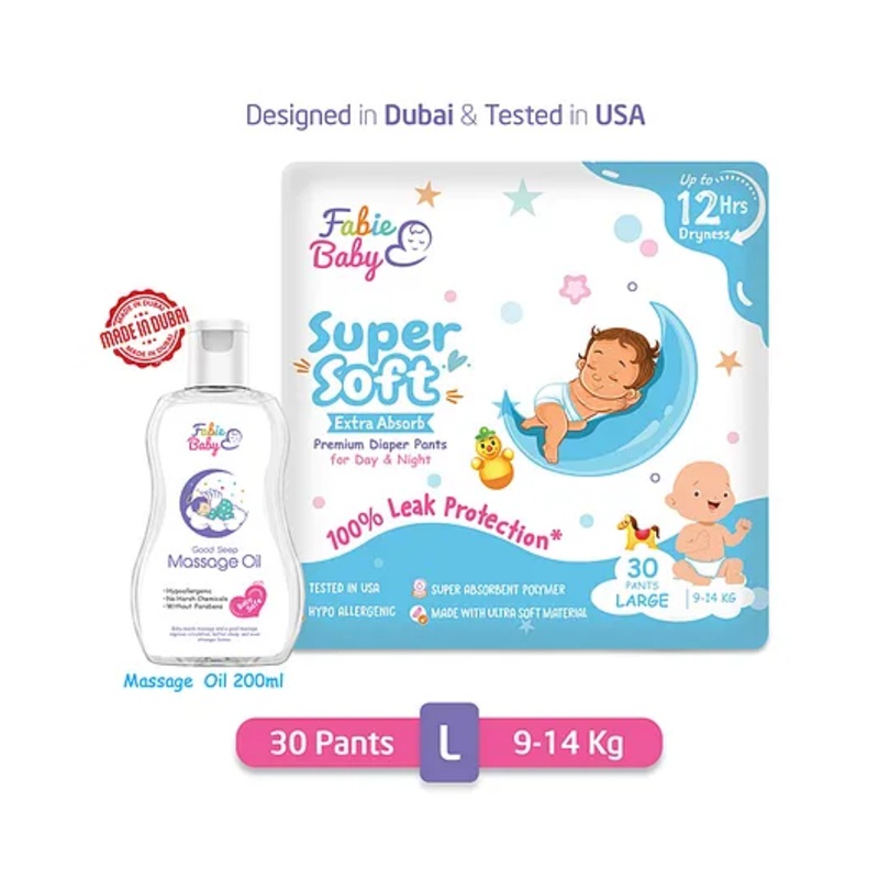 Fabie Baby Premium 12 Hrs Protection Diaper Pants Large (30Pcs) & Massage Oil (200ml) Combo – Pack of 2