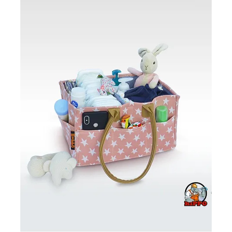 Hippo Star Printed Caddy Diaper Bag with Dual Handle – Pink