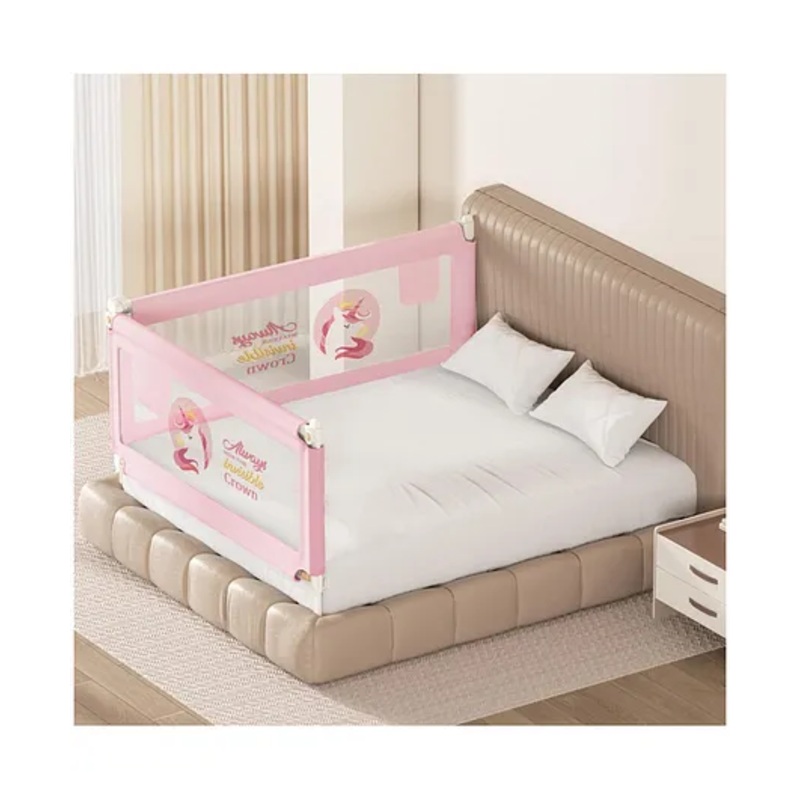 Kids Station Foldable Baby Bed Rail with Pocket  2 Side, Pink (192 x 180 cm)  Adjustable Height Safety Fence with Storage Feature, Originally Designed for King Size Bed (6.3ft x 6ft)