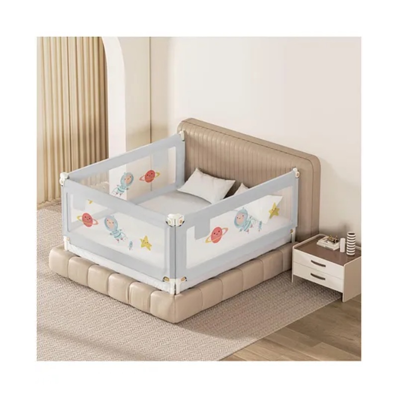 Kids Station Side Bed Rail with Pocket  3 Side, Grey (180 x 180 cm)  Adjustable & Safety Guard (6ft x 6ft), Patented Design