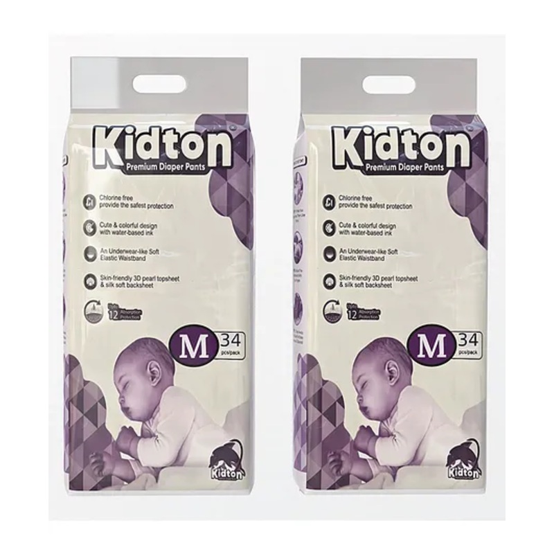 KIDTON baby Pants, Medium (M) Size Baby Diaper Pants, 6 – 12 kg, Combo Pack of 2, 34 count Per Pack, 68 count, with Bubble Bed Technology for comfort