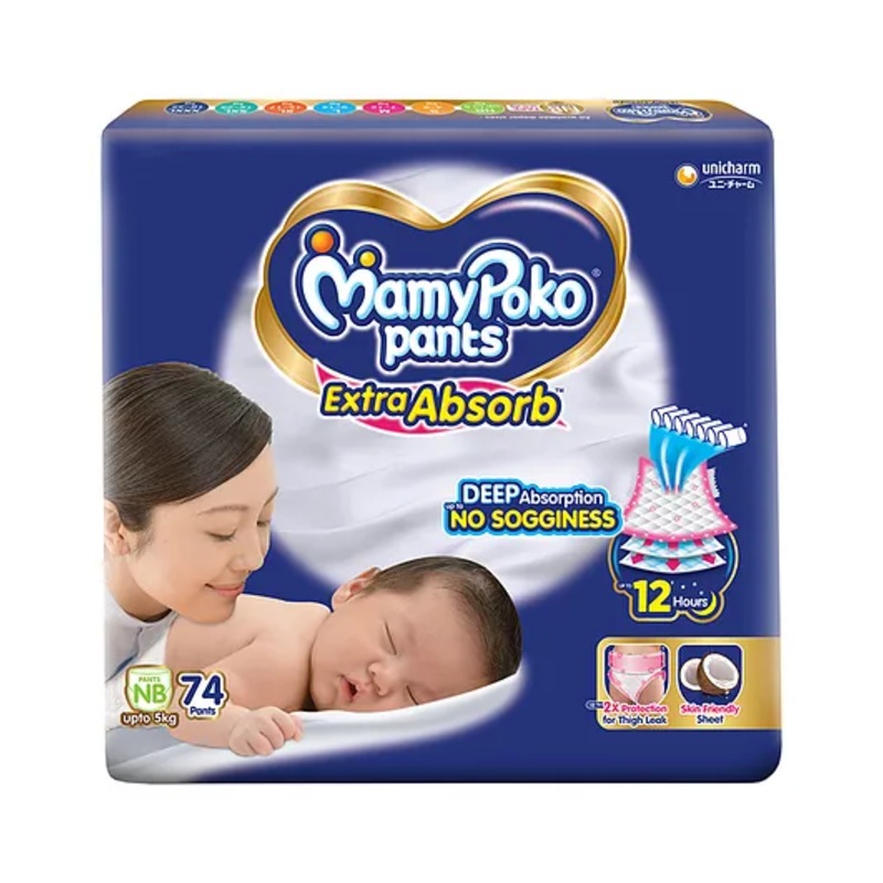 MamyPoko Pants Extra Absorb Baby Diapers, New Born (NB size) | 0-5 kg | 74 Count |Deep Sleep Diapers| Soft gentle fit |Deep Absorbent Crisscross | skin friendly with coconut oil |
