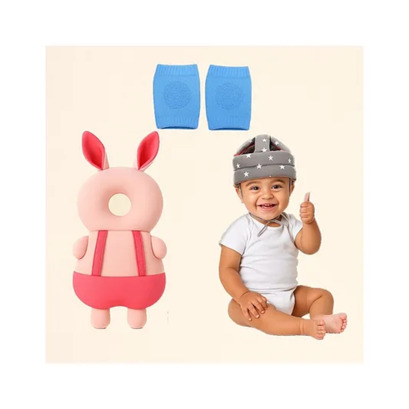 NeonateCare Utility combo of Head protector, helmet and Knee pads (Grey star helmet, Pink Rabbit head protector and multicolor Knee pad ) pack of 3 utility items – MultiColor
