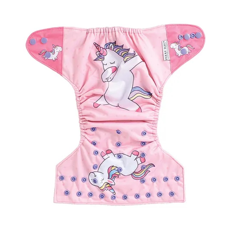 Polka Tots Reusable Waterproof Fleece Cloth Diaper For 2 Months – 2 Years With 1 Liner 3 Layers  Adjustable Snap Buttons Free Size (Pink Unicorn Print)