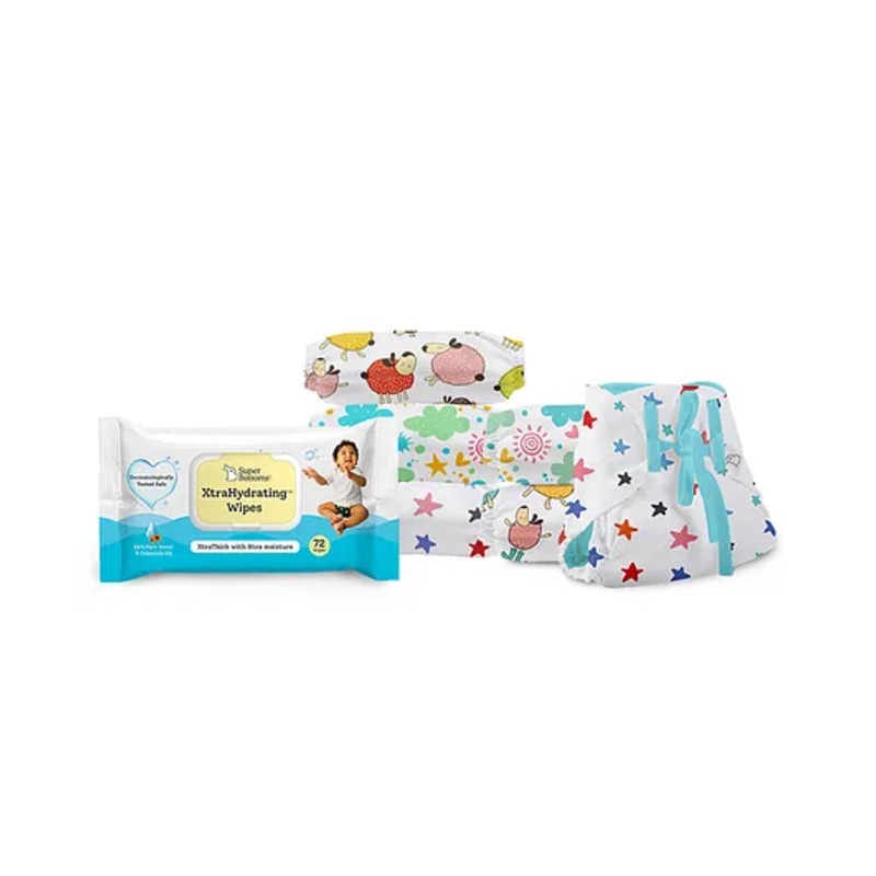SuperBottoms Dry Feel Organic Large Size Cotton Langot Pack of 6 and XtraHydrating Wipes – White Blue