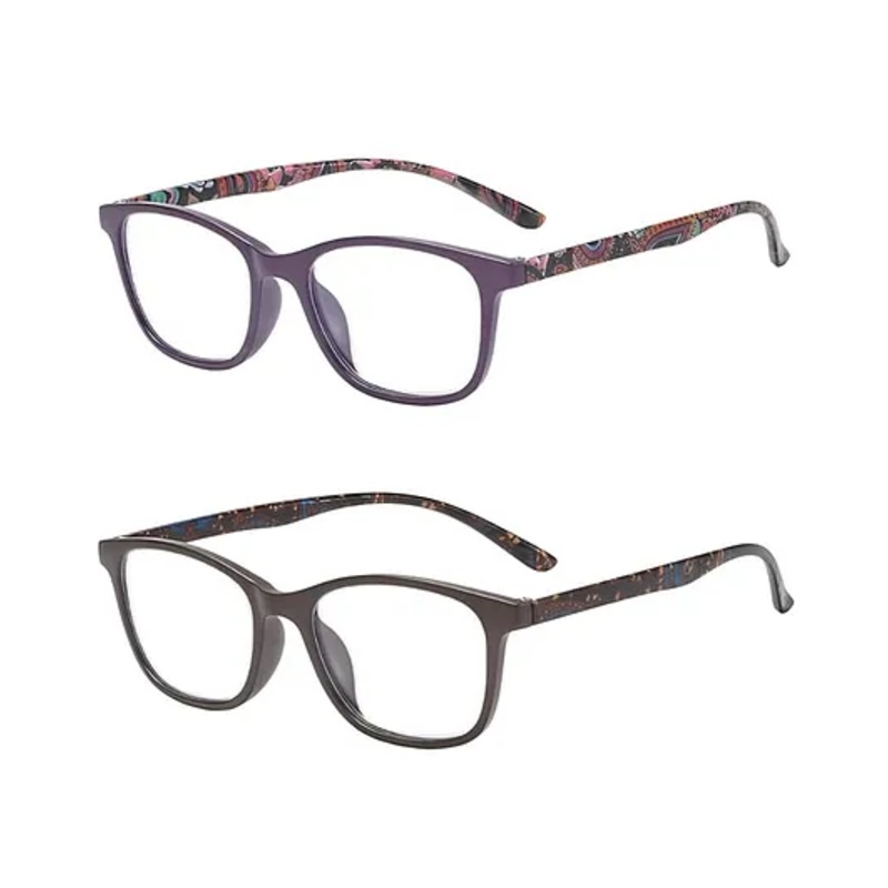 SYGA Pack of 2 Anti-Blue Ultra Light Reading Glasses, The Elderly Reading Fashion Pattern Glasses for Women (Purple & Coffee)