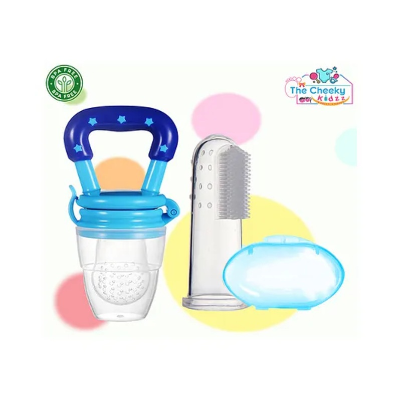 The Cheeky Kidzz Baby Soft Silicone Bristles Finger Toothbrush With Fruit Nibbler Soother Teether Teething BPA Free (BLUE)