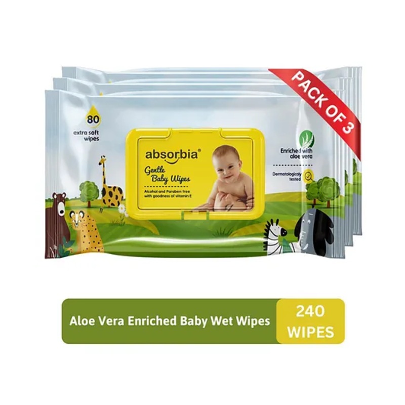 ABSORBIA Baby Wipes – With LID | Aloe Vera Extract | 240 Pieces | Pack of 3