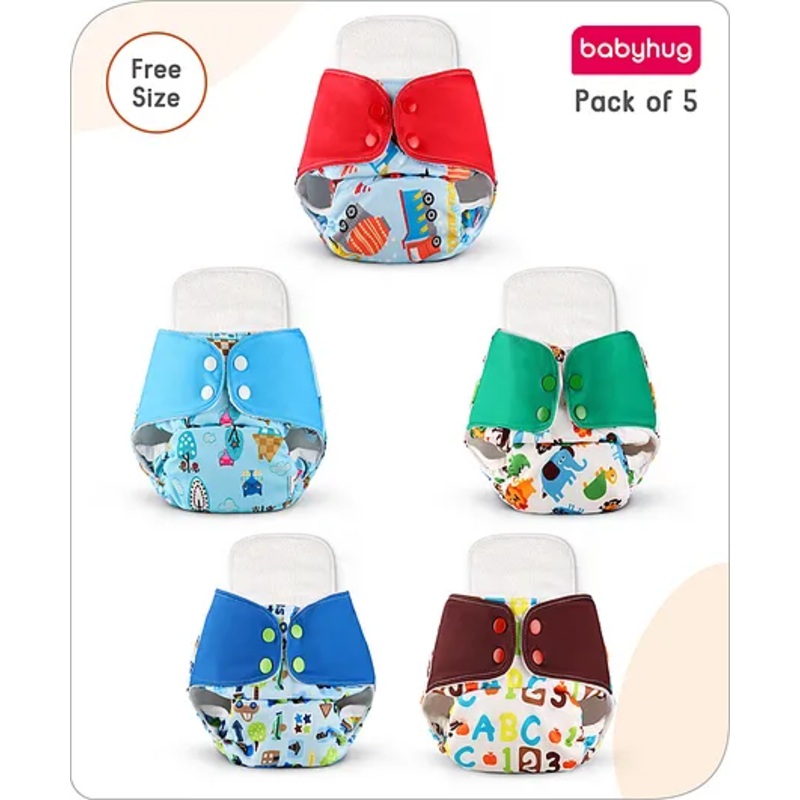 Babyhug Reusable Cloth Diaper with Contrast Flap and Insert Pack of 5 | Washable & Eco-friendly| Adjust to Suit Waist Size| Easy Snap Buttons| Soft & Skin Friendly| High Absorbency Inserts