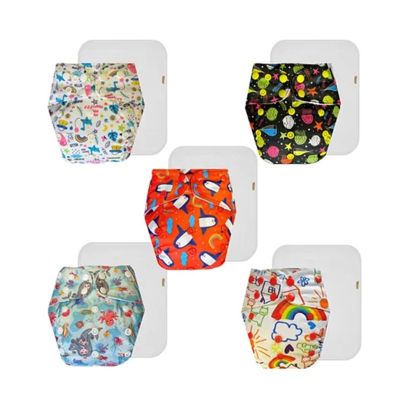 Dumbledo Cloth Diaper Eco-Friendly Reusable Adjustable Free Size Leak Proof Quick Dry Unisex Without Insert Pack of 5 – Multicolor