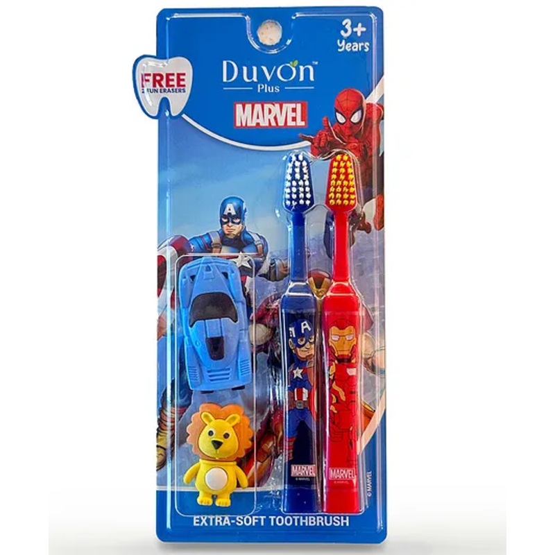 Duvon Plus Marvel Toothbrush Set | Captain America and Iron Man | 2 Brushes + 2 Fun Erasers Free