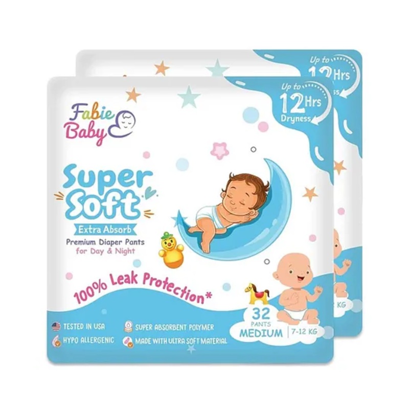 Fabie Baby Diapers Medium Size (32Pcs)Hours Absorption Anti Rash diapers – Pack of 2