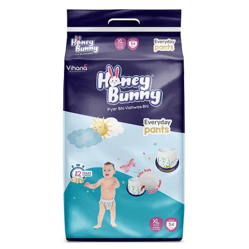 Honey Bunny Everyday Baby Pants Diapers with Silky Soft – Bubble sheet,Wetness Indicator, Extra large -(54 pcs) – (XL, 54)