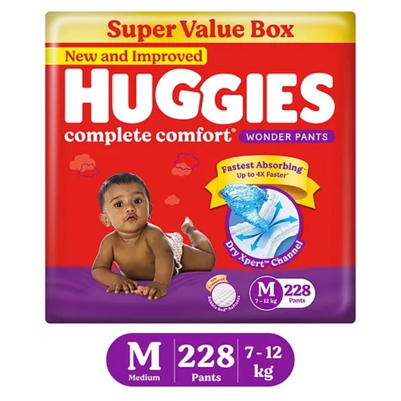 Huggies Complete Comfort Wonder Pants, India’s Fastest Absorbing Diaper | M Size, 228 Diapers