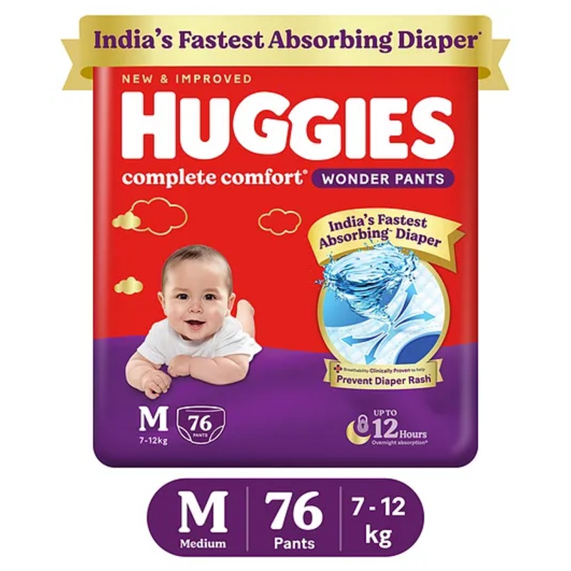 Huggies Complete Comfort Wonder Pants, India’s Fastest Absorbing Diaper | M Size, 76 Diapers