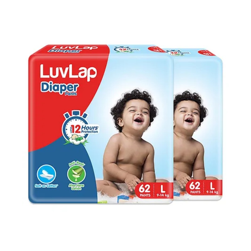 LuvLap Pant Style Baby Diapers, Large (LG), 9-14Kg, Pack of 2 (124 Pants), Aloe Vera Lotion, 12hr Protection, White