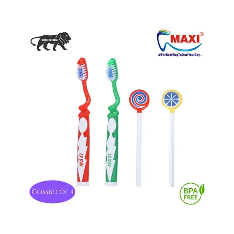 MAXI Oral Care Junior Twisty Junior Two Toothbrush With Two Lollipop Tongue Cleaner – Red & Green