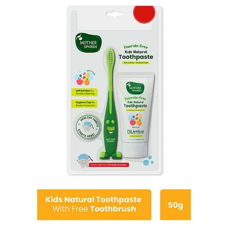 Mother Sparsh Toothpaste for Kids, Mix Fruit (With Free Toothbrush) | Strengthens Gums, Whitens Teeth | Preservative & Fluoride Free Baby Toothpaste | Anti Cavity + Enamel Care – 50 g