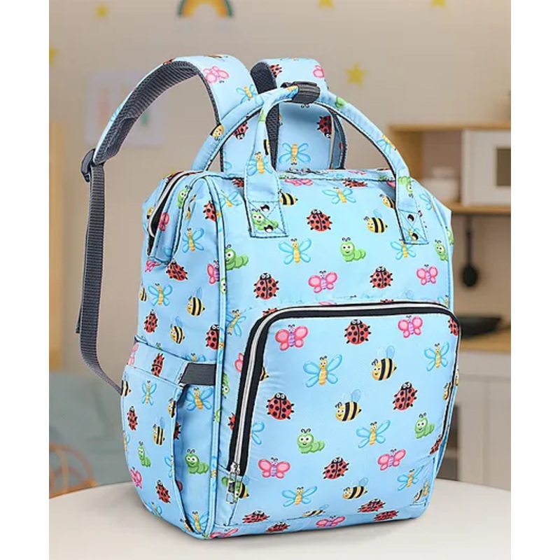 Multipurpose Spacious Diaper Backpack Baby Bugs Print – Blue| Adjustable Padded Shoulder Strap| Insulated Bottle Pouches| Smart Back Zipper| Wipes Dispenser