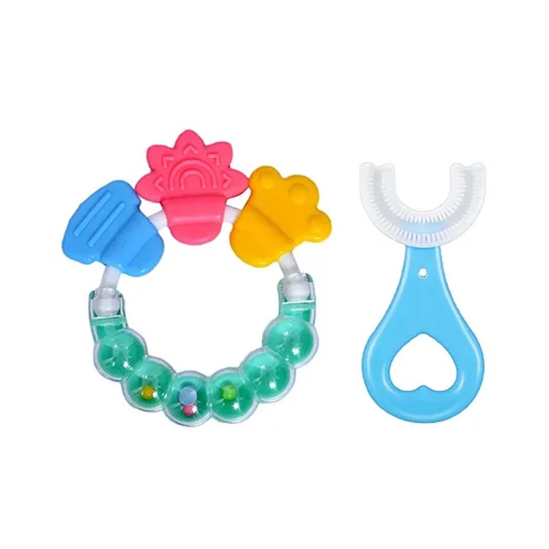NeonateCare Round Shape BPA Free Silicone Bell Teether Ring Soft U Shaped Silicone Toothbrush For Kids-( Blue U shape Brush, Green Ring teether)