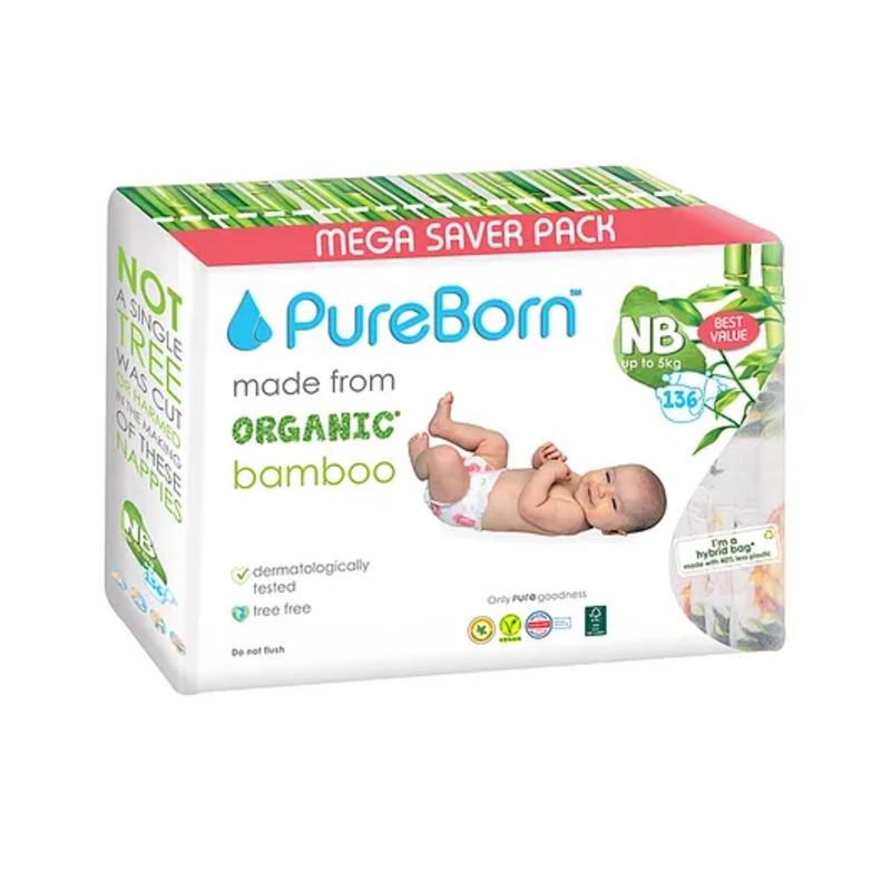 PureBorn Organic Disposable Baby Diapers I Super Soft I Maximum Leakage Protection I Made with Organic Bamboo I Master(Pack Of 136 Pcs), Size NB (Upto 5 Kg)