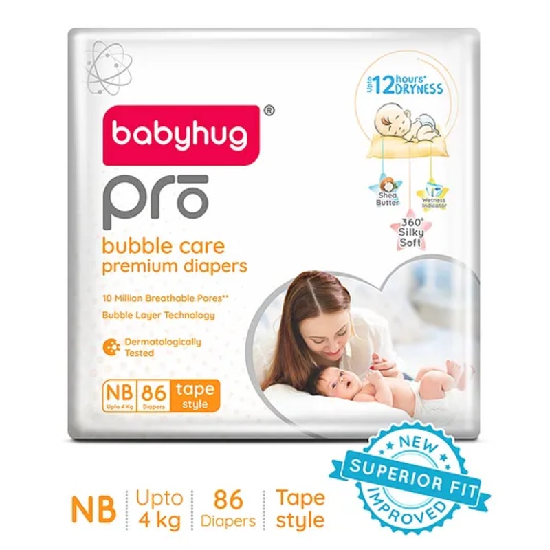 Babyhug Pro Bubble Care Premium Tape Style Diaper Newborn (NB) Size – 86 Pieces – New & Improved Superior Fit
