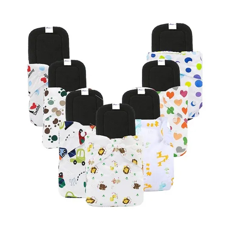 Babymoon Washable & Reusable Cloth Diaper Pocket With Grey Insert Pack of 7 – White Multicolour