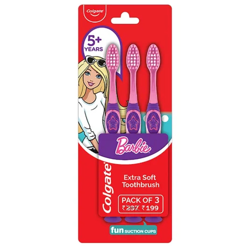 Colgate Kids Extra Soft Toothbrush with Tongue Cleaner Barbie Print Pack of 3 – Pink Purple