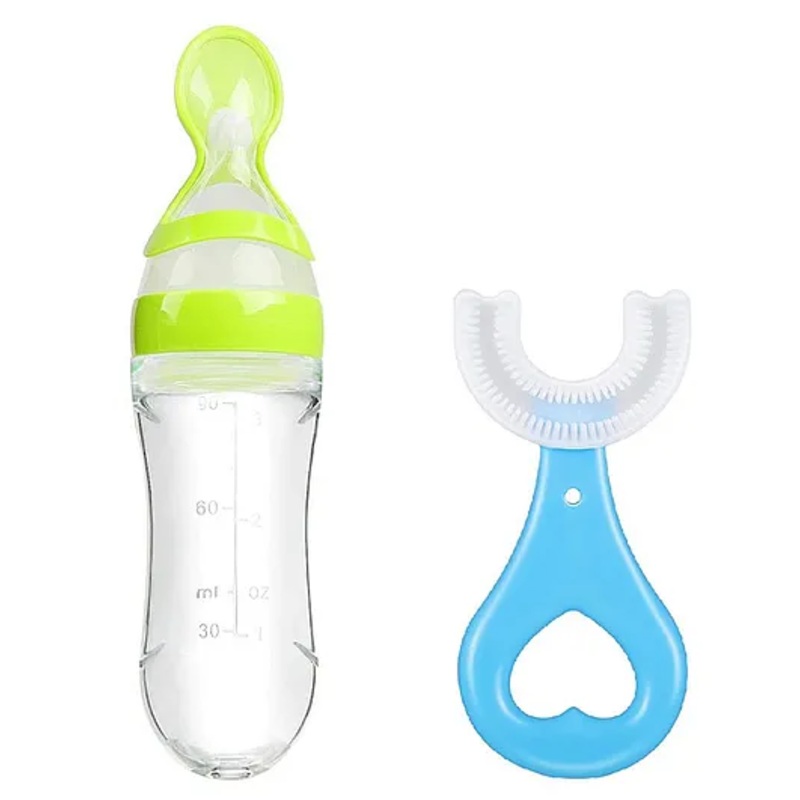 Enorme Silicone Easy Squeezy Spoon Food Feeder with U-shaped Soft Silicone Mouth Cleaning Toothbrush For Kids