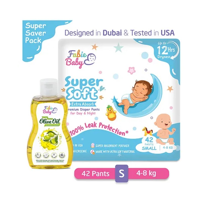 Fabie Baby Small Pant Style Diaper Small Size (42Pcs) with Baby Olive Oil (200ml) Combo – Pack of 2