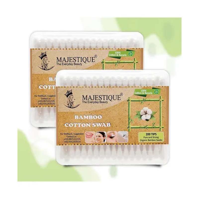 Majestique Bamboo Cotton Swabs Natural Wooden Cotton Swabs Ear Cleaning Buds Recyclable Cotton – 100 Swab – Pack of 2