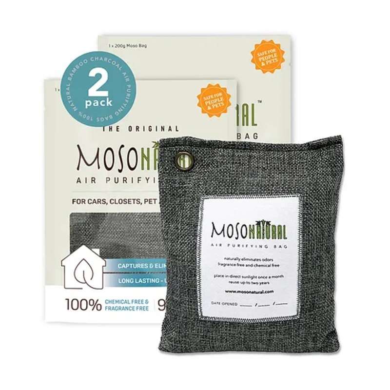 Moso Natural Odor Eliminator Chemical Free Unscented Premium Moso Bamboo Charcoal Air Purifying Bag 200g Pack of 2 – Charcoal