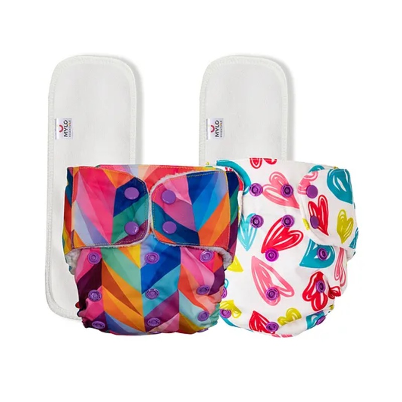 Mylo Baby Freesize Adjustable Cloth Diapers with 2 Free Insert Oeko Tex Certified Pack of 2 – Heart Doodles Rainbow Multicolour
