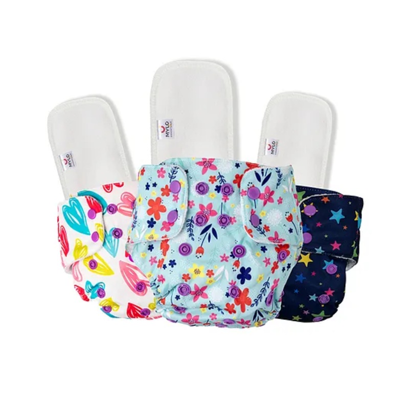 Mylo Baby  Freesize Adjustable Cloth Diapers with 3 Free Insert Oeko Tex Certified Pack of 3 – Heart Doodles Floral Spring  Twinkle Twinkle Multicolour