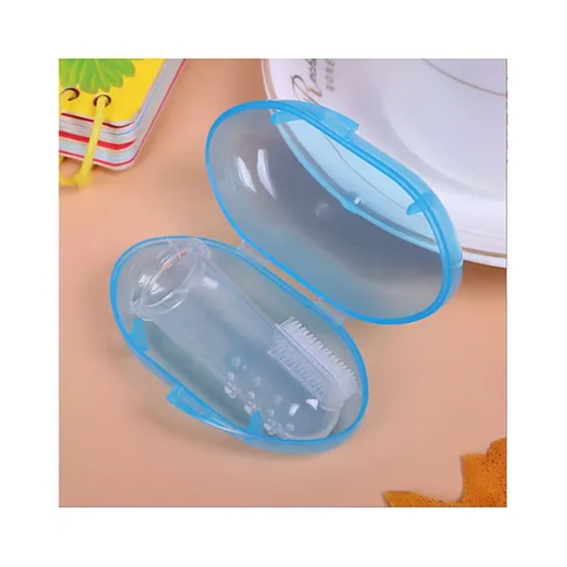 Neonate Care Baby Silicone Soft Bristles Finger Tooth Brush With Tongue Cleaner Back And Travel Protective Case Soft Baby Toothbrush For Babies Oral Hygienic Care – Blue