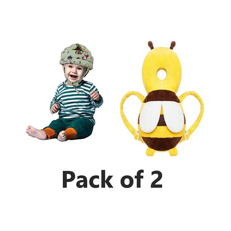 NeonateCare Baby safety Combo of Baby Helmet and Baby Head Protection Cushion Backpack(Green Jungle Helmet and Yellow Head protector)