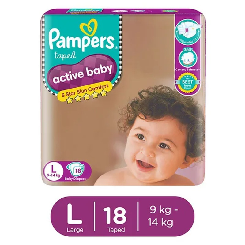 Pampers Active Baby Taped Diapers, Large size diapers, (L) 18 count, taped style custom fit