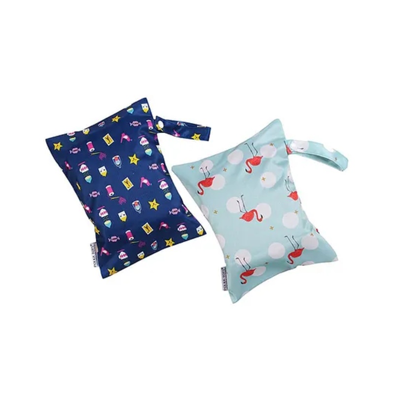 POLKA TOTS Waterproof & Reusable Wet Dry Baby Diaper Bag with Zipper for Travel, Beach, Pool, Dirty Gym Clothes, Wet Swimsuits, Toiletries Pack of 2 (20 x 25 cm, Mix – Flamingo)