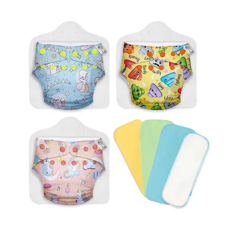 SuperBottoms Stash Builder Pack with 3 Freesize UNO Cloth Diapers Combo 3 Fleece Liners 2 Booster Pads & 1 Very Heavy Wetter Pad (Hemp Insert) (Print May Vary)
