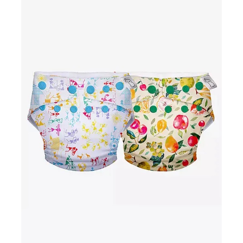 SuperBottoms Swimming Diapers for Babies & Toddlers – Washable, Reusable & Adjustable Swim Diapers | Pack of 2 | White Warli & Fruit Burst