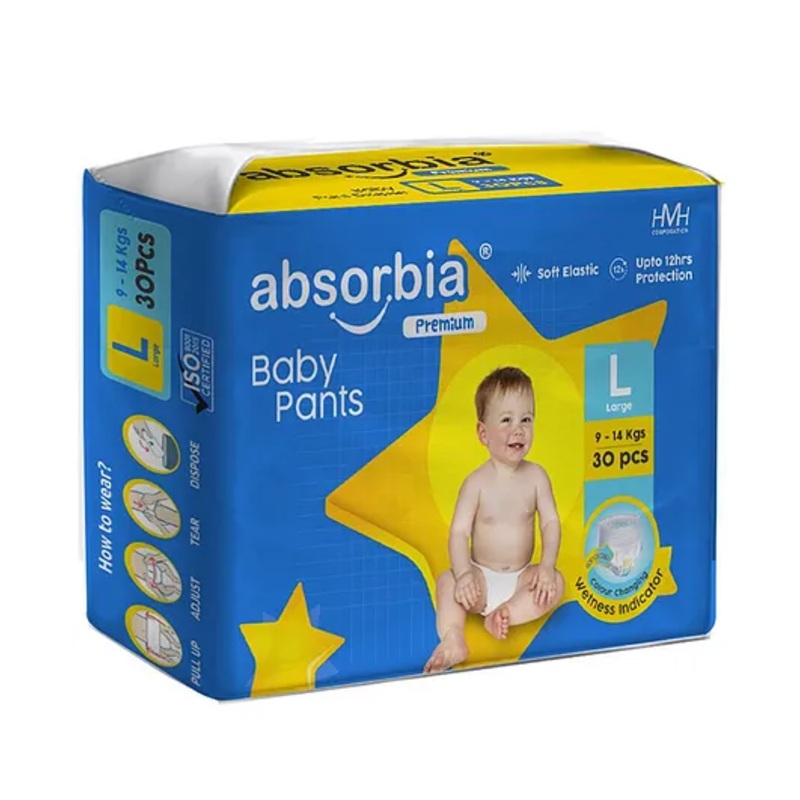 ABSORBIA Premium Baby diaper Pants | Large | 9-14 Kg – L (30 Pieces)