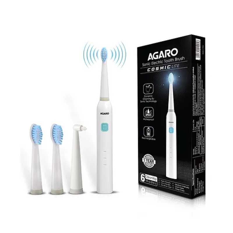 AGARO Cosmic Lite Sonic Electric Toothbrush for Adults, 6 Modes, 3 Brush Heads, Interdental Head, Rechargeable  White