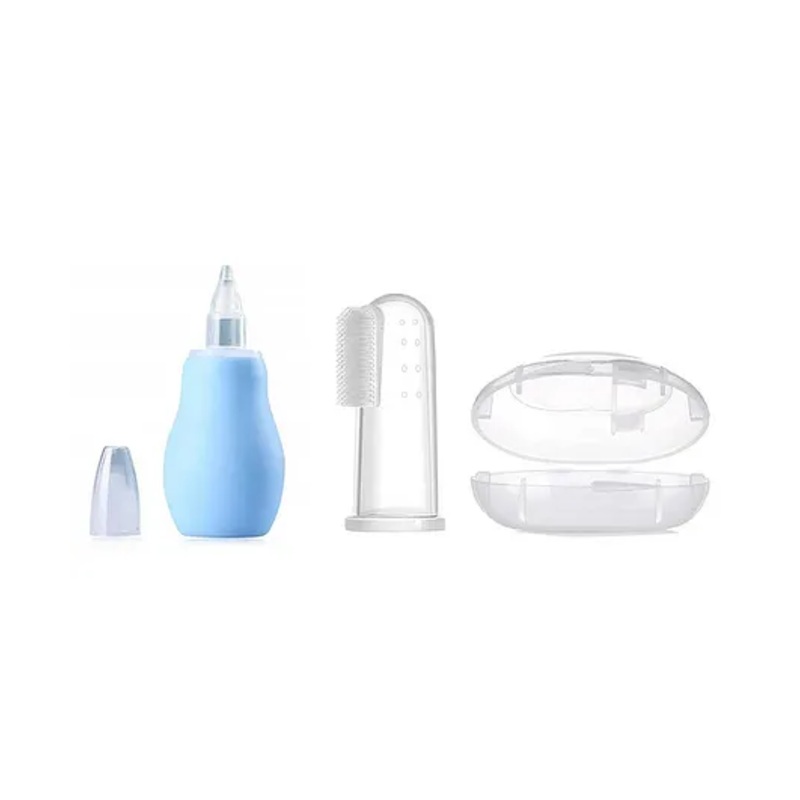 Baby Miniature Silicone Blue Nose Cleaner Nasal Aspirator and Baby Silicone Finger Toothbrush with case for Babies