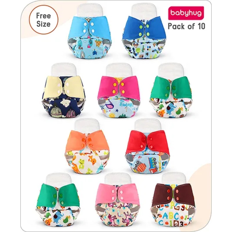Babyhug Reusable Cloth Diaper with Contrast Flap and Insert Pack of 10 | Washable & Eco-friendly| Adjust to Suit Waist Size| Easy Snap Buttons| Soft & Skin Friendly| High Absorbency Inserts