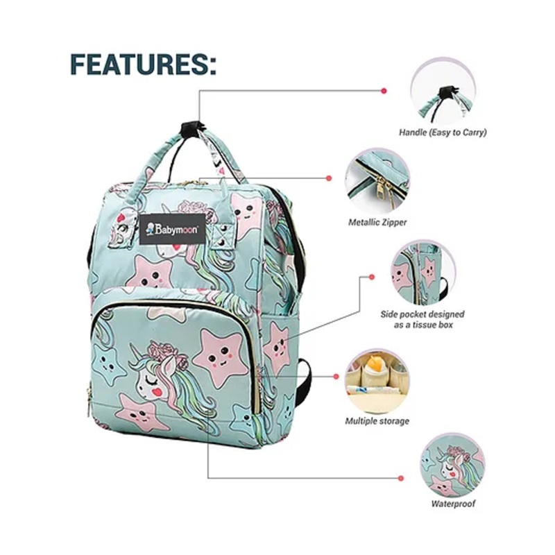 Babymoon Multifunction Backpack Style Maternity Star Print Diaper Bag – Light Green